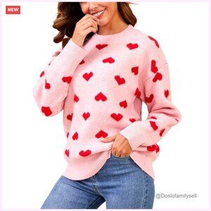 Cute Heart Print Sweater Kawaii Casual Crewneck Knitted Pullover Women's